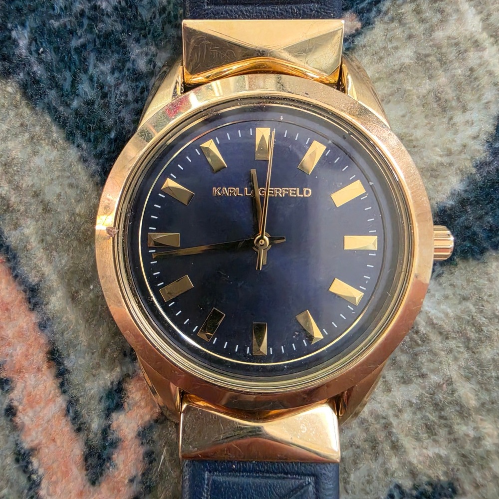Karl Lagerfeld Gold Tone Navy Leather Strap Watch 36mm Case KL2602